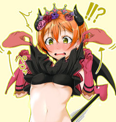 Rule 34 | !?, 10s, 1girl, assisted exposure, blush, breasts, clothes lift, covered erect nipples, demon horns, demon tail, demon wings, embarrassed, flower, gloves, hair flower, hair ornament, horns, hoshizora rin, love live!, love live! school idol festival, love live! school idol project, navel, orange hair, shiro (nitto), shirt lift, short hair, small breasts, solo, standing, surprised, tail, tiara, underboob, wings, yellow eyes