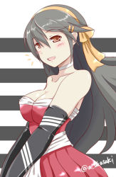 Rule 34 | 10s, 1girl, adapted costume, akai akasaki, alternate costume, bare shoulders, black gloves, black hair, blush, breasts, brown eyes, cheerleader, choker, cleavage, collarbone, dress, elbow gloves, female focus, gloves, hair between eyes, hairband, haruna (kancolle), kantai collection, large breasts, long hair, looking at viewer, neck, open mouth, red dress, smile, solo, strapless, strapless dress, striped, striped background, v arms