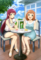 Rule 34 | 2girls, :d, absurdres, aquadrop, black skirt, blue sky, braid, breasts, brown eyes, cake, chair, cleavage, closed mouth, cloud, crossed legs, cup, day, dress, food, fork, green eyes, hataraku maou-sama!, high heels, highres, holding, holding cup, holding fork, ice cream, ice cream float, large breasts, long hair, looking at viewer, megami magazine, multiple girls, nail polish, official art, open mouth, orange hair, outdoors, plate, red hair, sandals, sasaki chiho, scan, shirt, short hair, sitting, skirt, sky, small breasts, smile, table, teeth, tile floor, tiles, toenail polish, toenails, toes, tree, upper teeth only, white shirt, window, yusa emi