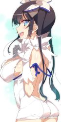 Rule 34 | 10s, 1girl, arm ribbon, ass, backless dress, backless outfit, bad id, bad twitter id, bare back, black hair, blue eyes, bow, breasts, cleavage, cleavage cutout, clothing cutout, dress, dungeon ni deai wo motomeru no wa machigatteiru darou ka, female focus, gloves, hair ornament, hair ribbon, hands up, hestia (danmachi), highres, large breasts, long hair, looking at viewer, looking back, open mouth, osuman toruko, rei no himo, ribbon, short dress, sleeveless, sleeveless dress, smile, solo, twintails, white dress, white gloves