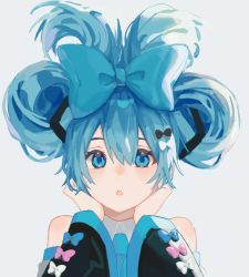 Rule 34 | 1girl, absurdres, black bow, black sleeves, blue bow, blue eyes, blue necktie, bow, cinnamiku, collared shirt, detached sleeves, folded twintails, hair bow, hatsune miku, highres, long sleeves, looking at viewer, necktie, pink bow, shirt, sleeve bow, solo, tokagenox, updo, upper body, vocaloid, white bow, white shirt
