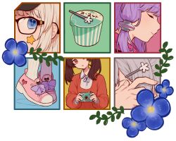 Rule 34 | :o, a.i. voice, adjusting hair, ai kusunoki, alternate costume, black-framed eyewear, blue eyes, blue flower, blue ribbon, border, bow, brown hair, camera, cevio, close-up, closed eyes, closed mouth, collage, collared shirt, commentary request, dress, eye focus, flower, footwear bow, glasses, grey hair, hair ornament, hairclip, highres, holding, holding camera, hood, hood down, kizuna akari, kizuna akari (a.i. voice), koharu rikka, long hair, looking at viewer, neck ribbon, pigeon-toed, portrait, profile, purple bow, purple hair, red dress, red eyes, ribbed shirt, ribbon, shirt, shoes, short hair with long locks, smile, sneakers, star sticker, sticker on face, synthesizer v, tiptoes, touhoku kiritan, twintails, two-handed, unworn hair ornament, unworn hairclip, vocaloid, voiceroid, white border, white hair, white shirt, wifi symbol, yogurt, yuzuki yukari