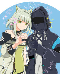 Rule 34 | 1girl, 1other, absurdres, ambiguous gender, animal ear fluff, animal ears, arknights, asymmetrical sidelocks, bare shoulders, black coat, black gloves, breasts, cat ears, cat girl, closed mouth, coat, collarbone, comiket 102, commentary, cowboy shot, doctor (arknights), dress, gloves, green coat, green dress, green eyes, green hair, hair intakes, heart hands failure, highres, hood, hood up, hooded coat, jewelry, kal&#039;tsit (arknights), kantaro, long hair, long sleeves, looking at viewer, off-shoulder dress, off shoulder, open clothes, open coat, ring, sidelocks, small breasts, white background