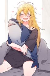 Rule 34 | 1girl, antenna hair, black shirt, blanket, blonde hair, collarbone, commentary, closed eyes, facing viewer, fang, flying sweatdrops, heart, highres, holding, holding stuffed toy, long hair, looking at viewer, nanaki (mkmk 915), open mouth, seiza, shirt, sitting, smile, solo, spaghetti strap, stuffed animal, stuffed shark, stuffed toy, tsurumaki maki, voiceroid