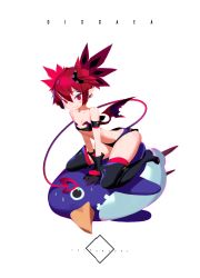 Rule 34 | 1girl, absurdres, artist name, bat wings, black gloves, black thighhighs, copyright name, demon girl, demon tail, disgaea, disgaea d2, earrings, etna (disgaea), fathomcube, flat chest, gloves, hair between eyes, highres, jewelry, looking at viewer, mini wings, navel, pointy ears, prinny, red eyes, red hair, short hair, short shorts, shorts, sitting, sitting on person, smile, tail, thighhighs, twintails, wariza, white background, wings