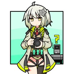 Rule 34 | 1girl, ?, ahoge, arknights, arrow (symbol), black skirt, black thighhighs, bow, bow panties, brown jacket, brown panties, brown vest, camera, clothes lift, collared shirt, commentary request, grey hair, highres, holding, holding camera, jacket, lens (arknights), long sleeves, looking at viewer, nankyoku arikui, necktie, one side up, open clothes, open jacket, panties, pleated skirt, red necktie, robot, scene (arknights), shirt, single thighhigh, skirt, skirt lift, thighhighs, underwear, vest, white shirt, yellow eyes