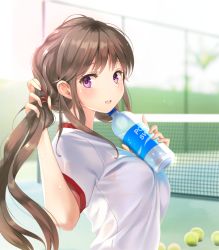 Rule 34 | 1girl, bad id, bad pixiv id, ball, blurry, blush, bottle, bra, breasts, brown hair, day, depth of field, hands up, highres, holding, holding bottle, holding own hair, long hair, looking at viewer, looking back, medium breasts, miyaza, moe2017, open mouth, original, outdoors, pocari sweat, ponytail, purple eyes, see-through, short sleeves, sidelocks, solo, sweat, swept bangs, teeth, tennis ball, tennis court, underwear, upper body, white bra