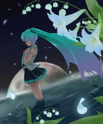 Rule 34 | 1girl, aqua hair, bare shoulders, closed eyes, flower, from side, full moon, gradient hair, hands on own chest, hatsune miku, highres, hobby (kento), long hair, moon, multicolored hair, necktie, partially submerged, petals, profile, ripples, skirt, solo, standing, twintails, very long hair, vocaloid, wading, water, wind