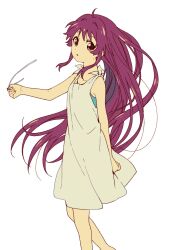 Rule 34 | 1girl, ahoge, bare arms, bare legs, blue bra, bra, collarbone, dress, feet out of frame, hair intakes, hand up, highres, holding hair tie, long hair, looking at viewer, namori, parted lips, purple eyes, purple hair, simple background, sleeveless, sleeveless dress, solo, sugiura ayano, tied dress, underwear, very long hair, white background, white dress, yuru yuri