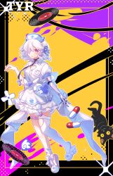 Rule 34 | 1girl, :o, absurdres, benghuai xueyuan, character request, cleavage cutout, clothing cutout, collared dress, dress, eyepatch, frilled dress, frills, hand up, hat, heart, heart cutout, heart eyepatch, highres, honkai (series), kurokunry, looking at viewer, mechanical arms, nurse, nurse cap, parted lips, puffy short sleeves, puffy sleeves, purple eyes, record, short sleeves, single mechanical arm, single thighhigh, slippers, solo, thighhighs, torn clothes, torn thighhighs, white dress, white footwear, white hair, white hat, white thighhighs