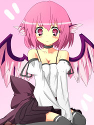 Rule 34 | 1girl, alternate costume, animal ears, bad id, bad pixiv id, bare shoulders, black thighhighs, blush, bow, breasts, camisole, choker, cleavage, contemporary, detached sleeves, female focus, gradient background, kneeling, large bow, looking down, mystia lorelei, pink eyes, pink hair, pleated skirt, ribbon, short hair, sitting, skirt, solo, thighhighs, touhou, urimono, v arms, wariza, wings, zettai ryouiki