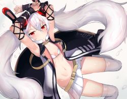 Rule 34 | 1girl, action, animal ears, arm strap, armpits, arms up, azur lane, bare shoulders, belt, blush, bra, breasts, buckle, cleavage, clothes writing, collarbone, floating, floating hair, fur-trimmed jacket, fur trim, hair between eyes, hair ornament, hairband, headgear, jacket, laffey (azur lane), laffey (retrofit) (azur lane), long hair, long sleeves, looking at viewer, mathew (srmmk mce), miniskirt, navel, off shoulder, open mouth, outside border, pleated skirt, pout, rabbit ears, red eyes, red hairband, remodel (azur lane), shiny skin, silver hair, simple background, skindentation, skirt, small breasts, solo, stomach, thighhighs, thighs, twintails, underwear, very long hair, weapon, white bra, white thighhighs, wind, wind lift