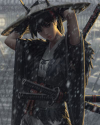 Rule 34 | 1girl, arms up, black eyes, black hair, blurry, blurry background, brown headwear, closed mouth, commentary, depth of field, earrings, fur trim, guweiz, head tilt, highres, japanese clothes, jewelry, katana, kimono, obi, original, sash, sheath, sheathed, short sleeves, snowing, solo, stud earrings, sword, symbol-only commentary, weapon, white kimono, wide sleeves