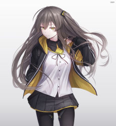 Rule 34 | 1girl, artist name, black gloves, black pantyhose, black ribbon, cowboy shot, fingerless gloves, girls&#039; frontline, gloves, grey background, grey hair, grey skirt, hair between eyes, hair ornament, hand in own hair, highres, hood, hood down, hooded jacket, inosia, jacket, long hair, looking at viewer, neck ribbon, one side up, open clothes, open jacket, pantyhose, pleated skirt, ribbon, scar, scar across eye, scar on face, scarf, shirt, sidelocks, simple background, skirt, smile, thigh strap, ump45 (girls&#039; frontline), untucked shirt, white shirt, yellow eyes