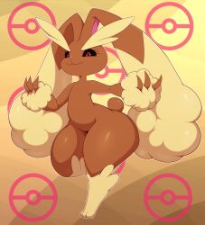 Rule 34 | 1girl, :3, animal feet, arm up, bigdon 92, black sclera, body fur, brown fur, closed mouth, colored sclera, creatures (company), female focus, flat chest, full body, furry, furry female, game freak, gen 4 pokemon, groin, hand up, happy, highres, leg up, long ears, looking at viewer, lopunny, nintendo, outline, outstretched arm, pink eyes, poke ball symbol, pokemon, pokemon (creature), rabbit ears, rabbit girl, rabbit tail, shiny skin, smile, solo, standing, standing on one leg, thick thighs, thighs, two-tone fur, white outline, wide hips, yellow background, yellow fur