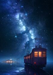 Rule 34 | cityscape, commentary request, highres, milky way, moonlight, night, night sky, no humans, original, outdoors, pochi (poti1990), scenery, sky, star (sky), starry sky, tanabata, train