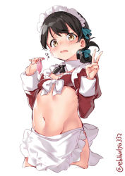 Rule 34 | 1girl, alternate costume, blue ribbon, blush, brown eyes, brown hair, commentary, condom, cowboy shot, cropped legs, ebifurya, embarrassed, enmaided, eyebrows, folded ponytail, from below, groin, hair between eyes, hair ribbon, highres, kantai collection, kasuga maru (kancolle), long hair, looking at viewer, maid, no panties, ribbon, shiny skin, simple background, solo, stomach, swept bangs, symbol-only commentary, taiyou (kancolle), tears, thighhighs, twitter username, used condom, v, wavy mouth, white background