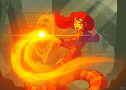 Rule 34 | 1girl, blazbaros, fire, goggles, lamia, looking at viewer, magic circle, monster girl, open mouth, original, red hair, solo