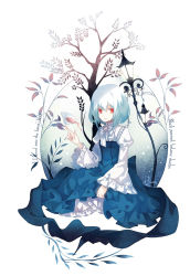 Rule 34 | 1girl, bad id, bad pixiv id, bow, cup, dhiea, dress, flower, formal, frills, gathers, lamppost, long sleeves, original, red eyes, short hair, sitting, solo, teacup, tree, white hair