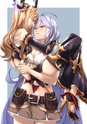 Rule 34 | 2girls, ahoge, bare shoulders, belt, black legwear, blush, border, braid, breasts, brown eyes, cape, carrying, cleavage, collarbone, commentary request, cowboy shot, crop top, detached sleeves, eye contact, granblue fantasy, hair between eyes, hair ornament, hairband, head wings, high heels, highres, large breasts, light brown hair, long hair, long sleeves, looking at another, midriff, miniskirt, multiple girls, navel, open mouth, outline, outside border, princess carry, shirt, silva (granblue fantasy), silver hair, simple background, skirt, sleeveless, sleeveless shirt, soruna (nell), standing, thighhighs, thighs, tweyen (granblue fantasy), twin braids, very long hair, wavy hair, white shirt, wings, yellow eyes, yuri