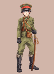 Rule 34 | 1boy, bad id, bad pixiv id, belt, black eyes, black hair, boots, clenched hand, frown, gloves, hair between eyes, hat, highres, imperial japanese army, katana, looking at viewer, male focus, military, military uniform, mozaiku (ukiazom), original, peaked cap, pouch, sam browne belt, sheath, sheathed, simple background, solo, standing, sword, uniform, weapon