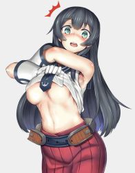 Rule 34 | 10s, 1girl, ^^^, agano (kancolle), belt, black hair, blush, breasts, ginko (nico), gloves, green eyes, grey background, kantai collection, large breasts, long hair, looking at viewer, necktie, open mouth, simple background, solo, surprised, underboob, undressing, white gloves