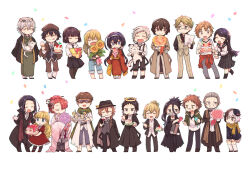 1other 6+boys 6+girls ahoge akutagawa_gin akutagawa_ryuunosuke_(bungou_stray_dogs) animal ascot bandaged_arm bandages bandaid bandaid_on_face bandaid_on_nose black_coat black_eyes black_gloves black_hair black_hat black_necktie black_pants black_shirt black_skirt black_vest blonde_hair blue_eyes blue_overalls blush bouquet bow brother_and_sister brown_capelet brown_coat brown_eyes brown_hair brown_hat bungou_stray_dogs capelet cat closed_eyes closed_mouth coat collared_shirt commentary_request confetti cross_tie dazai_osamu_(bungou_stray_dogs) deformed dress drink edogawa_ranpo_(bungou_stray_dogs) elise_(bungou_stray_dogs) facial_hair fedora fingerless_gloves flower formal_clothes fukuzawa_yukichi_(bungou_stray_dogs) full_body glasses gloves goggles green_eyes green_kimono green_scarf grey_hair grey_vest hair_between_eyes hair_bun hair_flower hair_ornament hair_over_one_eye hair_stick hairband haori hat higuchi_ichiyou_(bungou_stray_dogs) hirotsu_ryuurou_(bungou_stray_dogs) holding holding_animal holding_bouquet holding_cat hood izumi_kyouka_(bungou_stray_dogs) jacket japanese_clothes kajii_motojirou_(bungou_stray_dogs) karinoaaa kimono kunikida_doppo_(bungou_stray_dogs) long_hair long_sleeves looking_at_another low_twintails mask medium_hair miyazawa_kenji_(bungou_stray_dogs) monocle mori_ougai_(bungou_stray_dogs) multicolored_hair multiple_boys multiple_girls mustache nakahara_chuuya nakajima_atsushi_(bungou_stray_dogs) necktie open_mouth orange_hair overalls ozaki_kouyou_(bungou_stray_dogs) pants pantyhose paper pink_hair pleated_skirt ponytail red_kimono ribbon sash scarf school_uniform shirt short_hair shorts siblings simple_background skirt smile socks standing straw_hat striped_clothes striped_necktie striped_shorts stuffed_animal stuffed_tiger stuffed_toy suspenders tachihara_michizou_(bungou_stray_dogs) tanizaki_junichirou_(bungou_stray_dogs) tanizaki_naomi twintails two-tone_hair vest white_ascot white_background white_coat white_hair white_hairband white_shirt wide_sleeves yellow_sash yellow_scarf yosano_akiko yumeno_kyuusaku