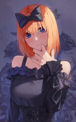 Rule 34 | 1girl, black bow, black dress, black nails, blue eyes, blush, bow, breasts, commentary, dress, embarrassed, eyelashes, floral background, frilled dress, frilled sleeves, frills, frown, furrowed brow, go-toubun no hanayome, gomashiwo o, gothic lolita, grey background, hair between eyes, hair bow, hand on own chin, hand up, head tilt, highres, large breasts, lolita fashion, long sleeves, looking at viewer, medium hair, nakano yotsuba, orange hair, rose background, solo, straight hair, upper body