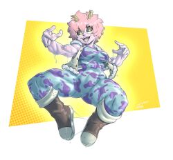 Rule 34 | 1girl, absurdres, alternate muscle size, ashido mina, black sclera, bodysuit, boku no hero academia, boots, breasts, brown footwear, colored sclera, colored skin, full body, gage 199x, highres, horns, medium breasts, midair, multicolored bodysuit, multicolored clothes, muscular, muscular arms, muscular female, muscular legs, open mouth, pink hair, pink skin, short hair, slime (substance), smile, solo, thick thighs, thighs, yellow eyes