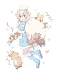 Rule 34 | 1girl, absurdres, angel, animal, boots, bow, capelet, cat, christmas, christmas ornaments, deer, detached wings, dress, from behind, full body, fur-trimmed boots, fur-trimmed capelet, fur-trimmed dress, fur trim, grey hair, hair bow, halo, highres, holding, holding sack, looking back, looking to the side, mini wings, open mouth, original, reindeer, ryoku sui, sack, snowflakes, solo, toy, toy train, two side up, wings, yellow eyes