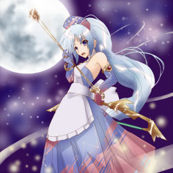 Rule 34 | 1girl, alternate costume, apron, armlet, armpits, arrow (projectile), bare shoulders, blue eyes, bow (weapon), bracelet, dress, elbow gloves, full moon, gigigio (5315yuina), glint, gloves, hat, jewelry, light trail, long hair, looking at viewer, lots of jewelry, moon, necklace, night, nurse cap, open mouth, outdoors, ponytail, silver hair, sky, solo, star (sky), starry sky, strapless, strapless dress, touhou, very long hair, weapon, yagokoro eirin