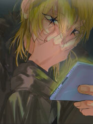 Rule 34 | 1boy, blonde hair, blue eyes, cellphone, commentary request, covering own mouth, ddu 45, hair between eyes, hand on own face, highres, holding, holding phone, kamiki hikaru, korean commentary, long sleeves, male focus, oshi no ko, phone, short hair, smartphone, solo, star-shaped pupils, star (symbol), symbol-shaped pupils, upper body