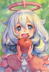 Rule 34 | 1girl, apple, blue eyes, dress, food, fruit, genshin impact, grey hair, halo, highres, holding, holding food, holding fruit, long hair, open mouth, paimon (genshin impact), painting (medium), philiera, russian commentary, shadow, smile, solo, traditional media, watercolor (medium), white dress