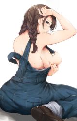 Rule 34 | 1girl, arm up, ass, blue overalls, braid, breasts, brown footwear, brown hair, closed mouth, commentary, freckles, from behind, hair ornament, hairclip, highres, large breasts, long hair, looking at viewer, looking back, mole, mole on arm, mole on back, mole on breast, no bra, original, otou (otou3dayo), overalls, profile, raised eyebrow, simple background, sitting, solo, strap slip, twin braids, wariza, white background
