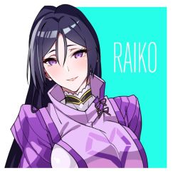 Rule 34 | 1girl, asakawa (outeq), bodysuit, breasts, commentary request, fate/grand order, fate (series), hair between eyes, huge breasts, long hair, looking at viewer, minamoto no raikou (fate), parted bangs, purple bodysuit, purple eyes, purple hair, simple background, smile, solo, upper body