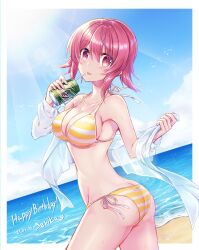 Rule 34 | 1girl, ass, beach, bikini, blue sky, border, breasts, butt crack, can, chaos;child, cleavage, collarbone, cowboy shot, day, drinking straw, dutch angle, hair between eyes, halterneck, happy birthday, highres, holding, holding can, looking at viewer, medium breasts, medium hair, nishijou myu, ocean, onoe serika, outdoors, pink hair, red eyes, ribbon, side-tie bikini bottom, sideboob, sky, solo, standing, straight hair, striped bikini, striped clothes, sunlight, swimsuit, tongue, tongue out, twisted torso, white border, white ribbon, yellow bikini