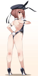 Rule 34 | 1girl, adapted costume, animal ears, armband, ass, backless outfit, bare legs, bare shoulders, black footwear, black leotard, blush, breasts, brown eyes, brown hair, clothes writing, commentary request, detached collar, fake animal ears, from behind, full body, gradient background, hat, hat ribbon, heart, high heels, highleg, highleg leotard, highres, kantai collection, leotard, looking at viewer, looking back, playboy bunny, rabbit ears, rabbit tail, ribbon, sailor hat, short hair, simple background, skindentation, small breasts, solo, standing, strapless, strapless leotard, tail, thong leotard, wrist cuffs, yoshi tama, z3 max schultz (kancolle)