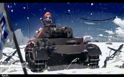 Rule 34 | 1girl, absurdres, artist name, brown eyes, brown hair, caterpillar tracks, gar32, girls und panzer, highres, letterboxed, military, military vehicle, motor vehicle, nishizumi miho, ooarai military uniform, painterly, panzer iv, panzer iv, pine tree, snow, solo, tank, tree