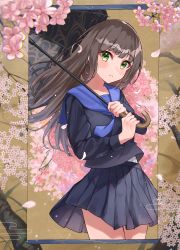 Rule 34 | 1girl, :/, absurdres, blunt bangs, blush, border, branch, brown hair, cherry blossoms, closed mouth, expressionless, flower, green eyes, haru yu, highres, holding, holding umbrella, long hair, looking at viewer, necktie, original, pleated skirt, school uniform, shirt tucked in, skirt, solo, thighs, umbrella