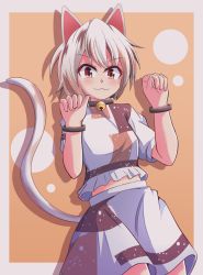 Rule 34 | 1girl, :3, animal ears, aospanking, bell, border, cat ears, cat tail, closed mouth, eyes visible through hair, goutokuji mike, hands up, highres, looking at viewer, multicolored clothes, multicolored shirt, multicolored skirt, neck bell, orange background, red eyes, shirt, short hair, short sleeves, simple background, skirt, smile, solo, t-shirt, tail, touhou, unconnected marketeers, white border, white hair, white shirt, white skirt, white sleeves