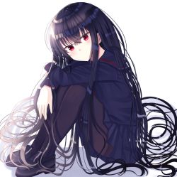 Rule 34 | 1girl, absurdly long hair, arms on knees, bad id, bad pixiv id, black footwear, black hair, black pantyhose, blue sailor collar, blue serafuku, blue skirt, breasts, commentary, crossed arms, expressionless, from side, hair between eyes, head tilt, knees to chest, loafers, long hair, long sleeves, looking at viewer, nibosi, on floor, original, pantyhose, pleated skirt, red eyes, sailor collar, school uniform, serafuku, shadow, shoes, sidelighting, simple background, sitting, skirt, small breasts, solo, very long hair, white background