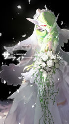 Rule 34 | 1girl, 2017, artist request, bare shoulders, black background, bouquet, breasts, bridal veil, character name, creatures (company), dated, detached sleeves, dress, english text, female focus, flower, game freak, gardevoir, gen 3 pokemon, green hair, hair over one eye, hands up, highres, looking at viewer, medium breasts, nintendo, petals, pokemon, pokemon (creature), pokemon rse, red eyes, rose, short hair, signature, simple background, smile, solo, standing, text focus, translated, veil, wedding dress, white dress, white flower, white rose