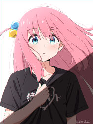 Rule 34 | 1girl, ama (ama ekaku), black shirt, blue eyes, bocchi the rock!, clothes writing, cube hair ornament, dot nose, gotoh hitori, hair ornament, highres, kessoku band logo, kessoku band t-shirt, long hair, looking at viewer, one side up, parted lips, pink hair, shade, shirt, short sleeves, simple background, solo, surprised, t-shirt, tareme, twitter username, upper body, watermark, white background
