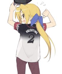 Rule 34 | 1girl, arms up, bad id, bad twitter id, baseball cap, blonde hair, blue bow, blush, bobby valentine, bow, brown eyes, chiba lotte marines, hair bow, hat, highres, holding, holding clothes, holding hat, jersey, kuroi nanako, long hair, looking at viewer, lucky star, nippon professional baseball, okayparium, open mouth, pointing, ponytail, real life, short sleeves, simple background, smile, solo, unworn hat, unworn headwear, valentine, white background