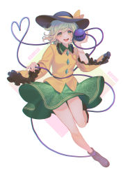 Rule 34 | 1girl, arms up, black hat, blouse, blush, boots, buttons, character name, collared shirt, commentary request, crystal, eyes visible through hair, fingernails, flying, frills, green eyes, green hair, green skirt, hair between eyes, hands up, hat, hat ribbon, heart, heart of string, highres, jewelry, komeiji koishi, legs, long sleeves, noriuma, open mouth, purple footwear, ribbon, shirt, simple background, skirt, smile, solo, teeth, tongue, touhou, white background, wide sleeves, yellow ribbon, yellow shirt