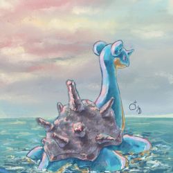 Rule 34 | afloat, blue eyes, closed mouth, cloud, commentary request, creatures (company), day, game freak, gen 1 pokemon, highres, horns, lapras, masshu (shu 123426), nintendo, no humans, outdoors, pokemon, pokemon (creature), single horn, sky, smile, water