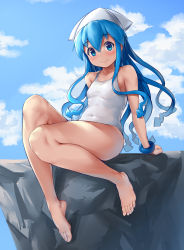 Rule 34 | 1girl, absurdres, aomoro, bare legs, bare shoulders, barefoot, blue eyes, blue hair, blue sky, breasts, closed mouth, covered navel, day, feet, full body, hair between eyes, hat, highres, ikamusume, light smile, long hair, looking at viewer, one-piece swimsuit, outdoors, shinryaku! ikamusume, sitting, sky, small breasts, solo, squid hat, summer, swimsuit, tentacle hair, thighs, white hat, white one-piece swimsuit