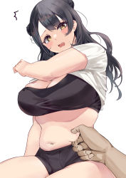 Rule 34 | 1boy, 1girl, absurdres, belly, black hair, black skirt, blush, breasts, double bun, hair bun, highres, large breasts, looking at viewer, namazu (yamasonson), navel, open mouth, original, pinching, pov, pov hands, shirt, short sleeves, simple background, skirt, solo focus, sports bra, thighs, translation request, white background, white shirt, yellow eyes