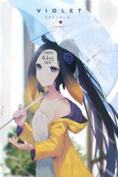 Rule 34 | 1girl, absurdres, alternate costume, alternate hairstyle, black hair, blue eyes, body writing, breasts, character name, commentary, dress, english commentary, flower, forehead, forehead writing, from side, hair flower, hair ornament, happy birthday, highres, holding, holding umbrella, hololive, hololive english, hood, hooded jacket, jacket, long hair, looking at viewer, lufi ays, ninomae ina&#039;nis, no bangs, ponytail, rain, signature, small breasts, solo, spaghetti strap, tentacle hair, translated, transparent, transparent umbrella, umbrella, upper body, very long hair, violet (ninomae ina&#039;nis), virtual youtuber, water drop, white dress, wide sleeves, yellow jacket