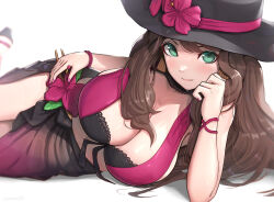 Rule 34 | 1girl, alternate costume, bikini, black hat, bracelet, breasts, brown hair, choker, cleavage, closed mouth, commentary request, dorothea arnault, dorothea arnault (summer), earrings, elbow rest, fire emblem, fire emblem: three houses, fire emblem heroes, flower, gonzarez, green eyes, hand on own cheek, hand on own face, hand on own hip, hat, hat flower, hibiscus, highres, jewelry, large breasts, long hair, looking at viewer, lying, nail polish, navel, nintendo, official alternate costume, on side, pink nails, purple nails, red wristband, revision, sarong, sideboob, smile, solo, sun hat, swimsuit, two-tone bikini, water drop, wet